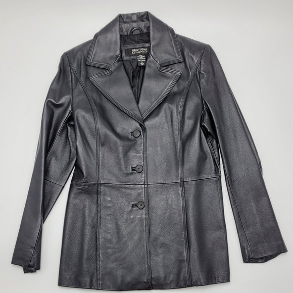 New York & Company Style! Womens Leather Jacket Black Buttons Lined Collar S - Picture 1 of 7